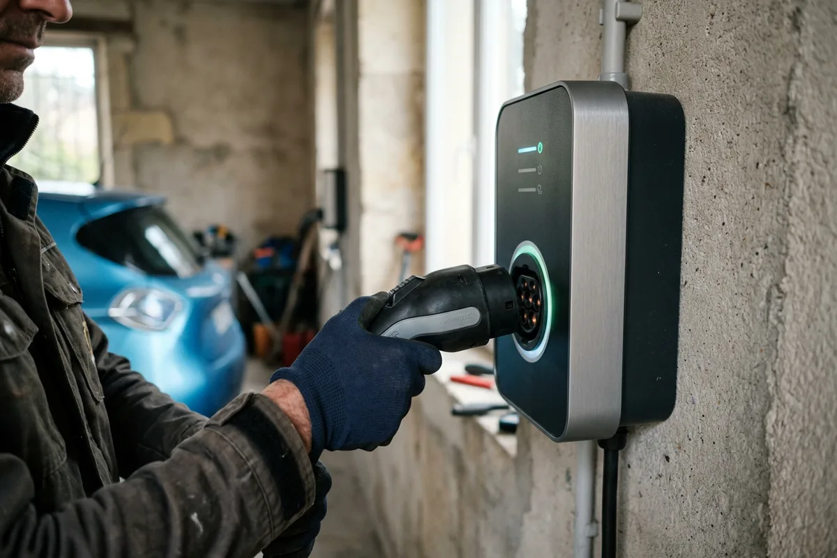 Détail technique d'une wallbox lors d'une installation borne de recharge à Fréhel