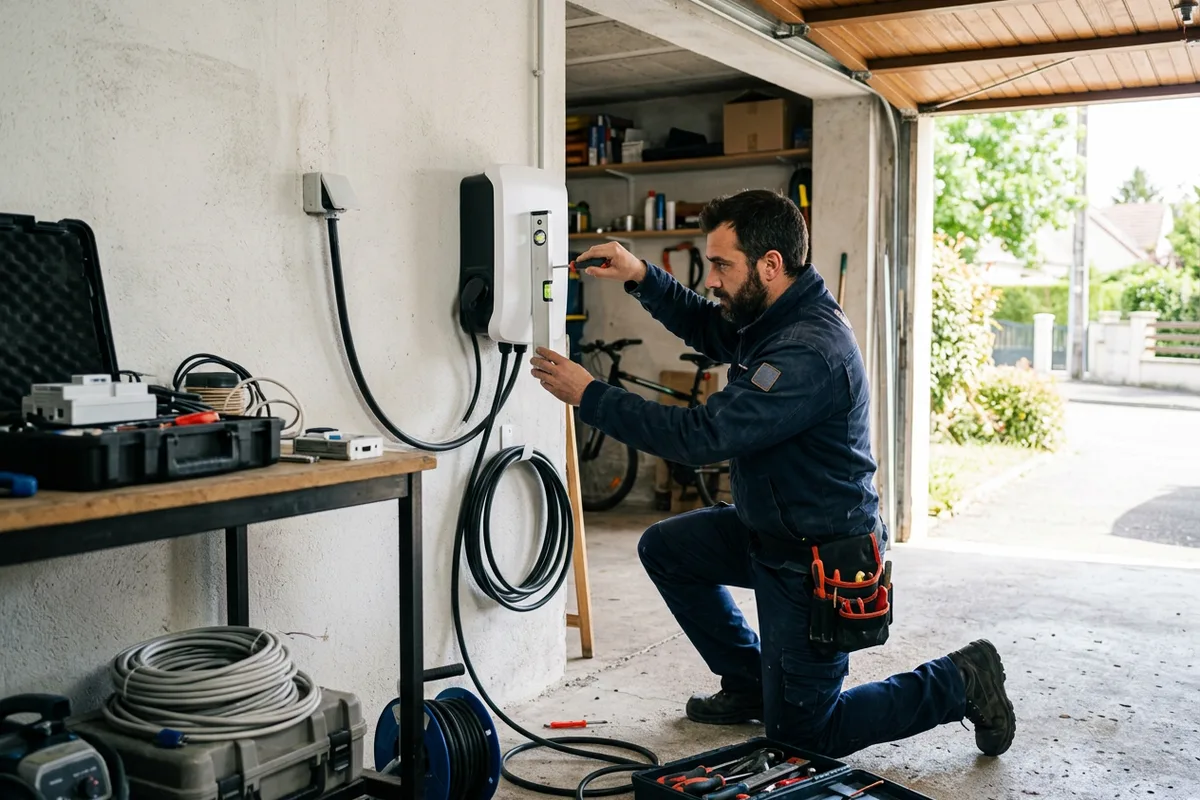 Installation borne de recharge pour véhicule électrique dans un garage sécurisé à Soussans