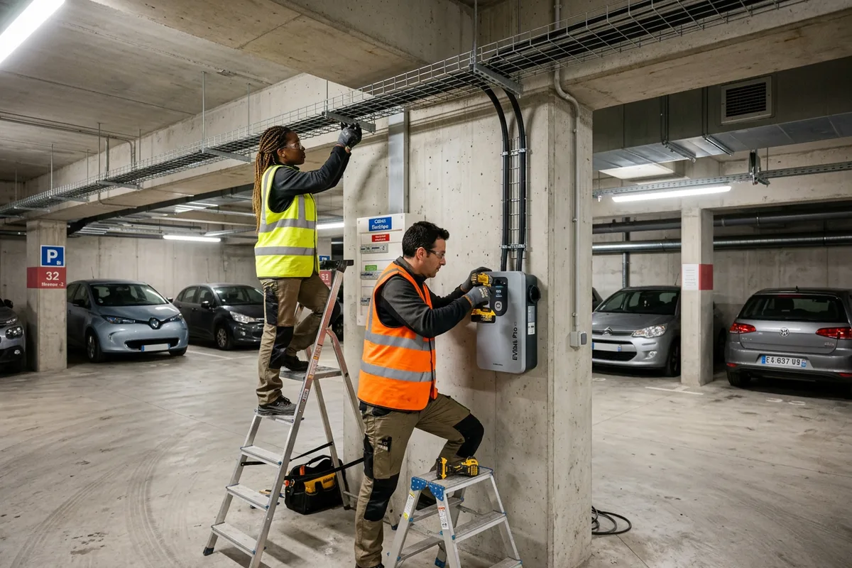 Pose collective pour installation borne de recharge en copropriété et parking à Trappes Pose collective pour installation borne de recharge en copropriété et parking à Trappes